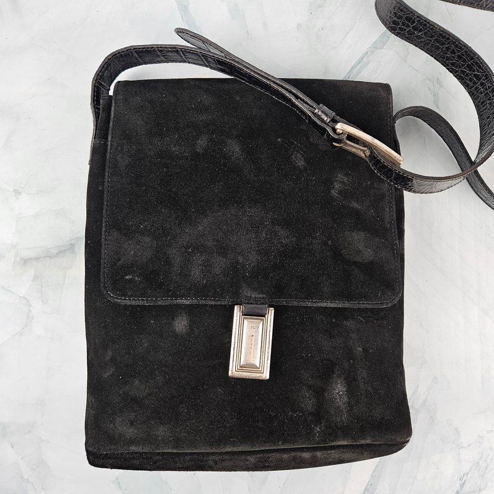 Fossil vintage suede saddle bag, black, croc‎ strap silver hardware